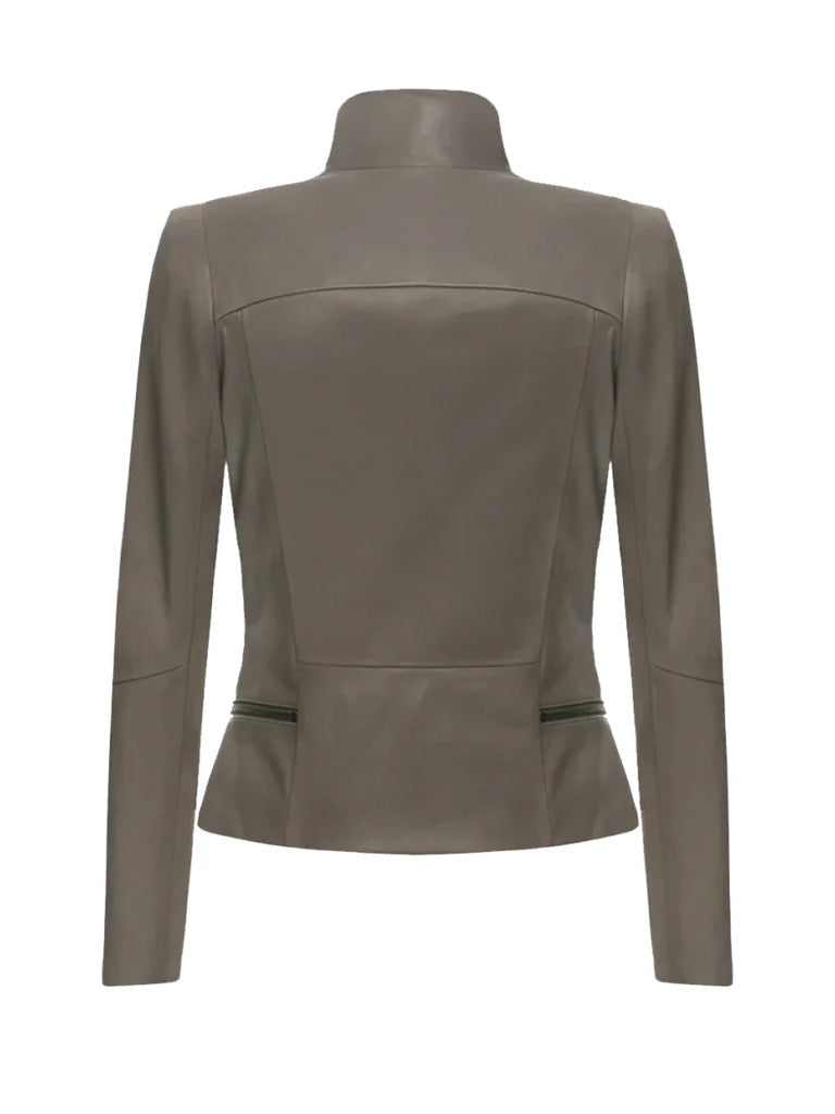 Grey Lapel Biker Leather Jacket