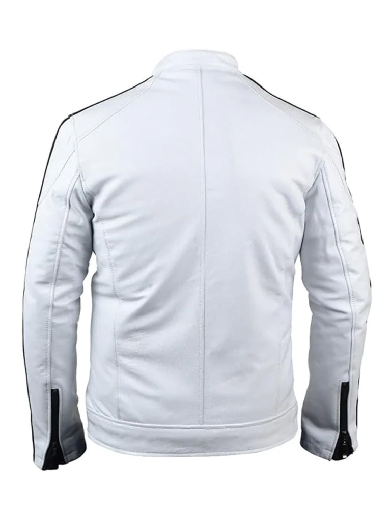 White Sleeve Stripes Biker Leather Jacket