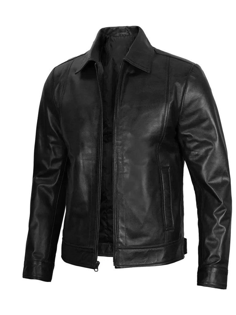 Black Leather Jacket with Shirt Collar