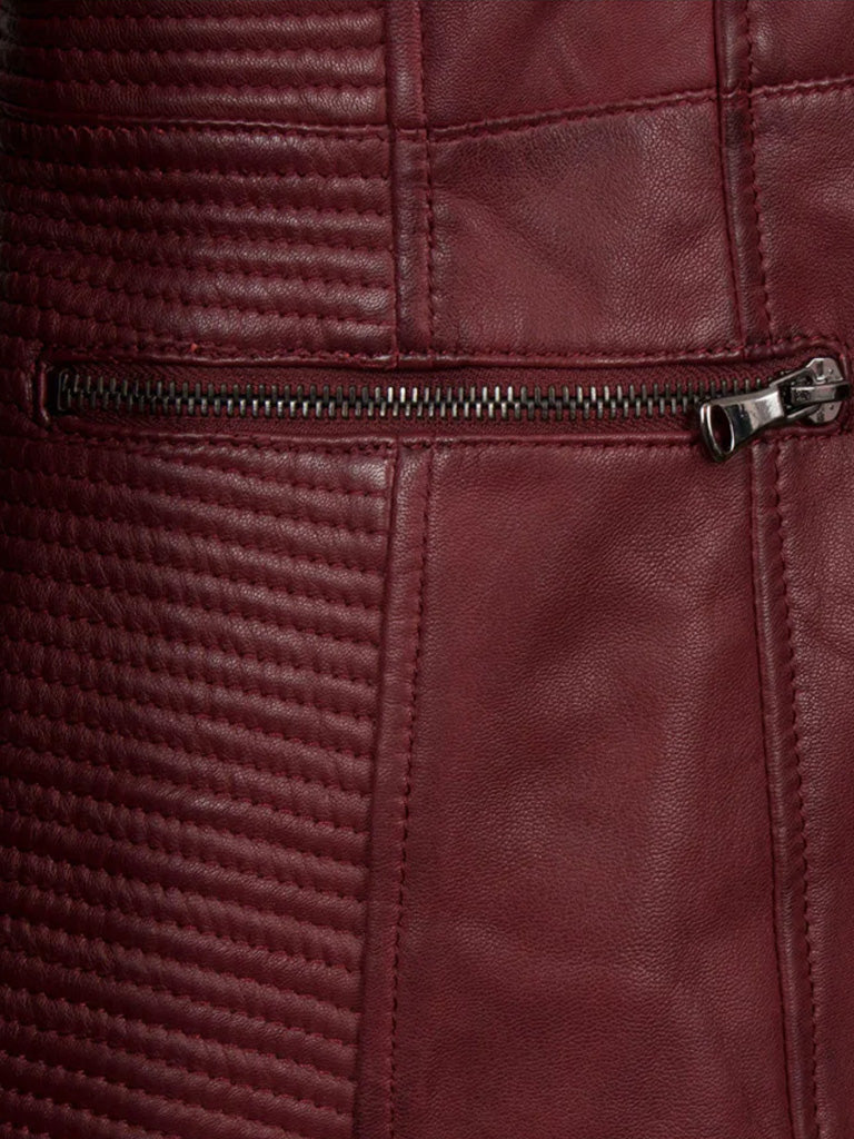 Red Collarless Leather Jacket