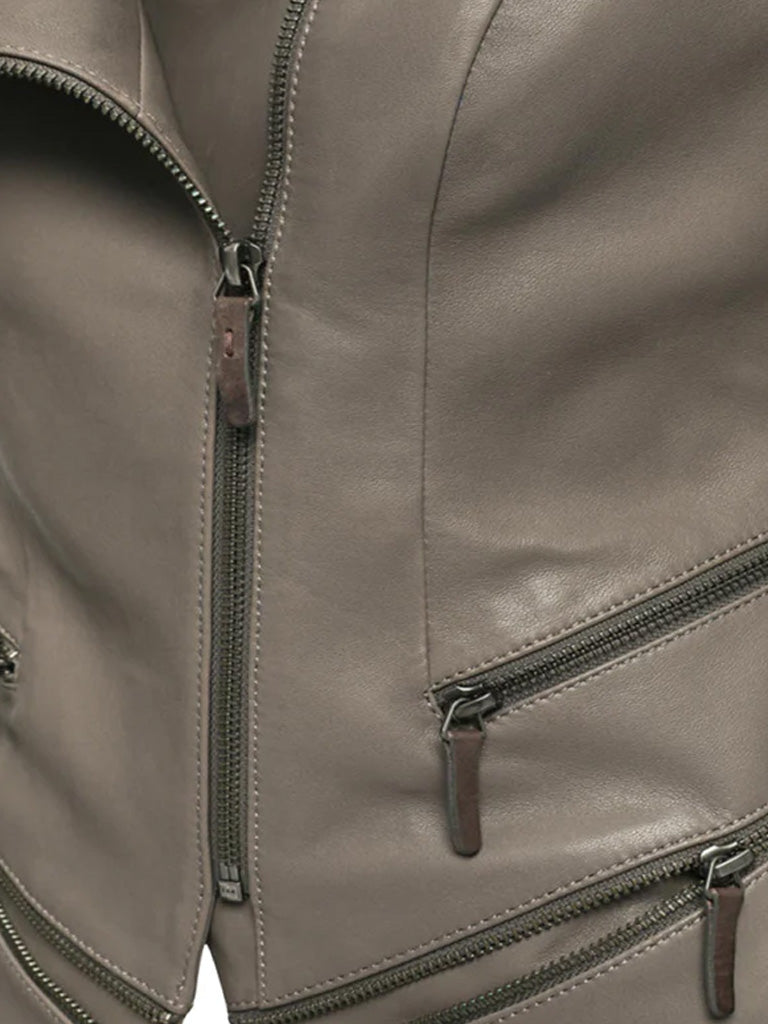Grey Lapel Biker Leather Jacket