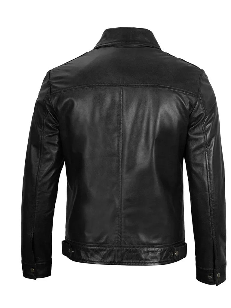 Black Leather Jacket with Shirt Collar