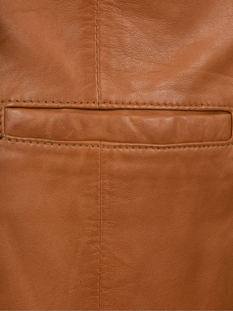 Tan Brown Genuine Leather Long Blazer
