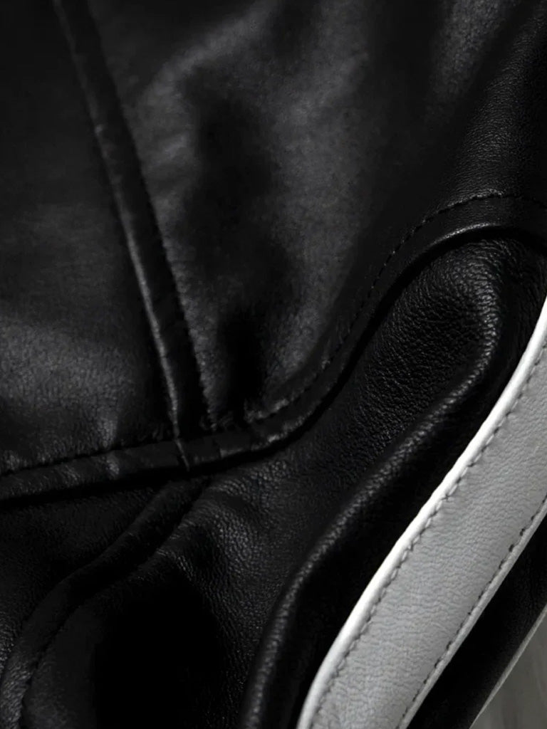 White Stripes Black Biker Leather Jacket