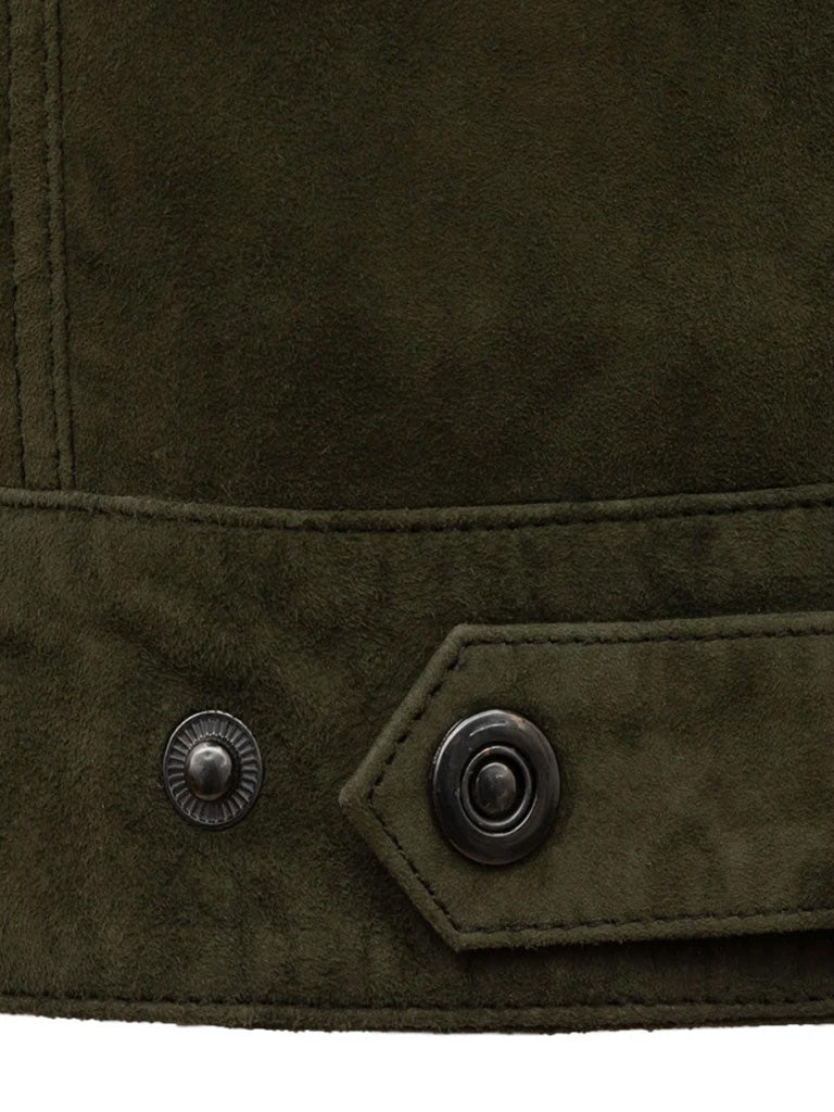 Trucker Style Green Suede Leather Jacket