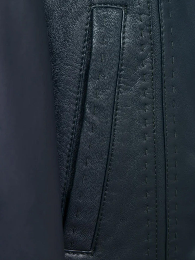 Blue Genuine Leather Long Trench Coat