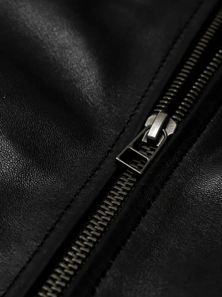 White Stripes Black Biker Leather Jacket