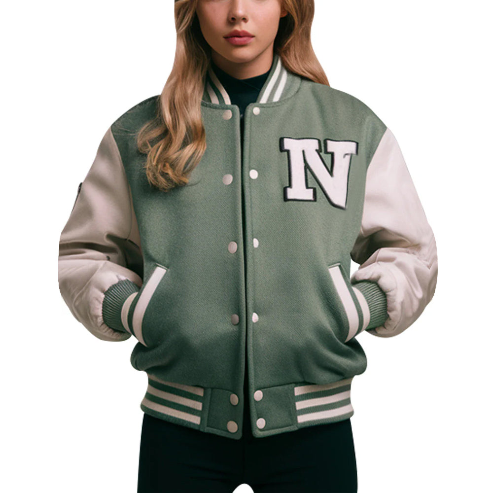 Green & White Varsity Jacket for Women Classic College Style