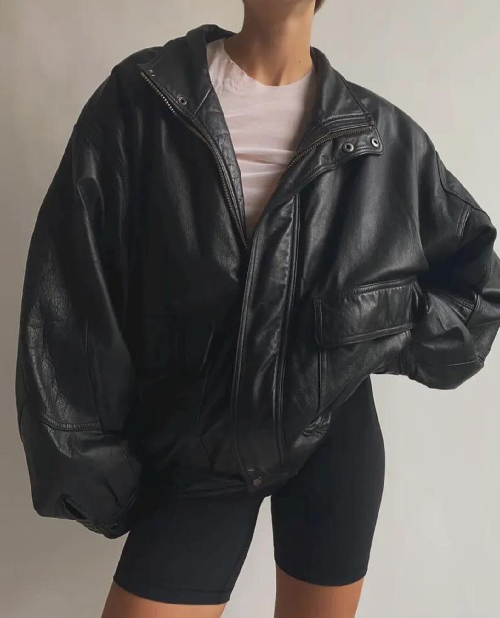 Ladies Black Premium Leather Bomber jacket, Oversized Straight Cut Sheep Leather Jacket. Ladies Leather jacket, Ladies Soft leather jacket