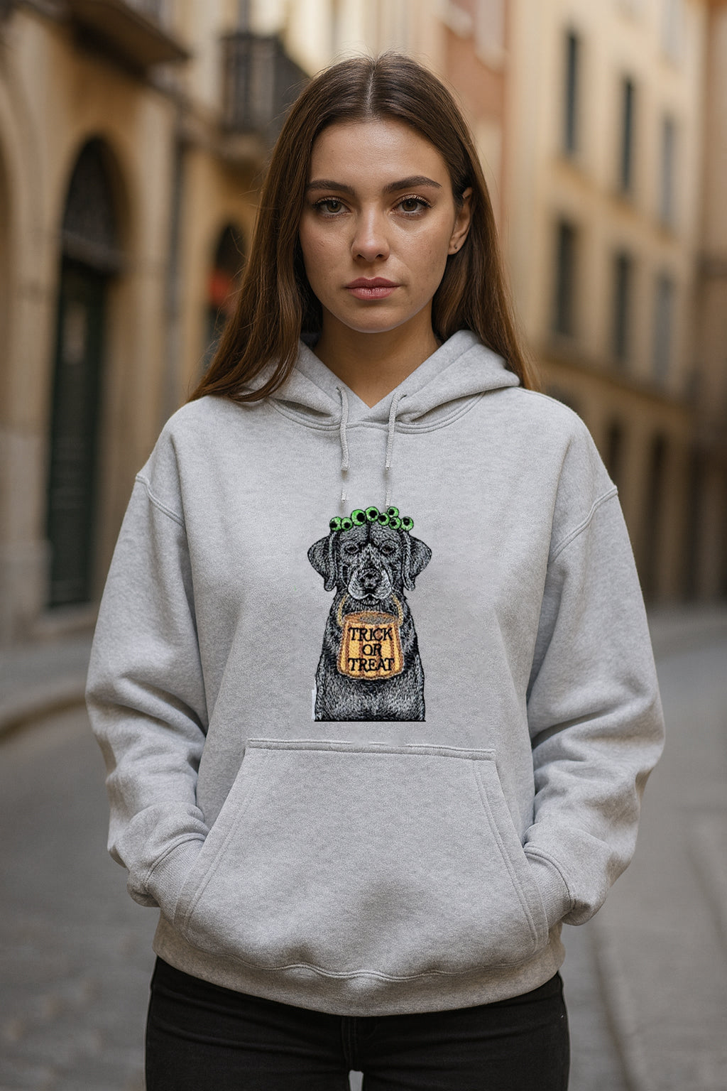 Spooky Dog "Trick or Treat" Halloween Hoodie – Unisex Pullover Sweatshirt