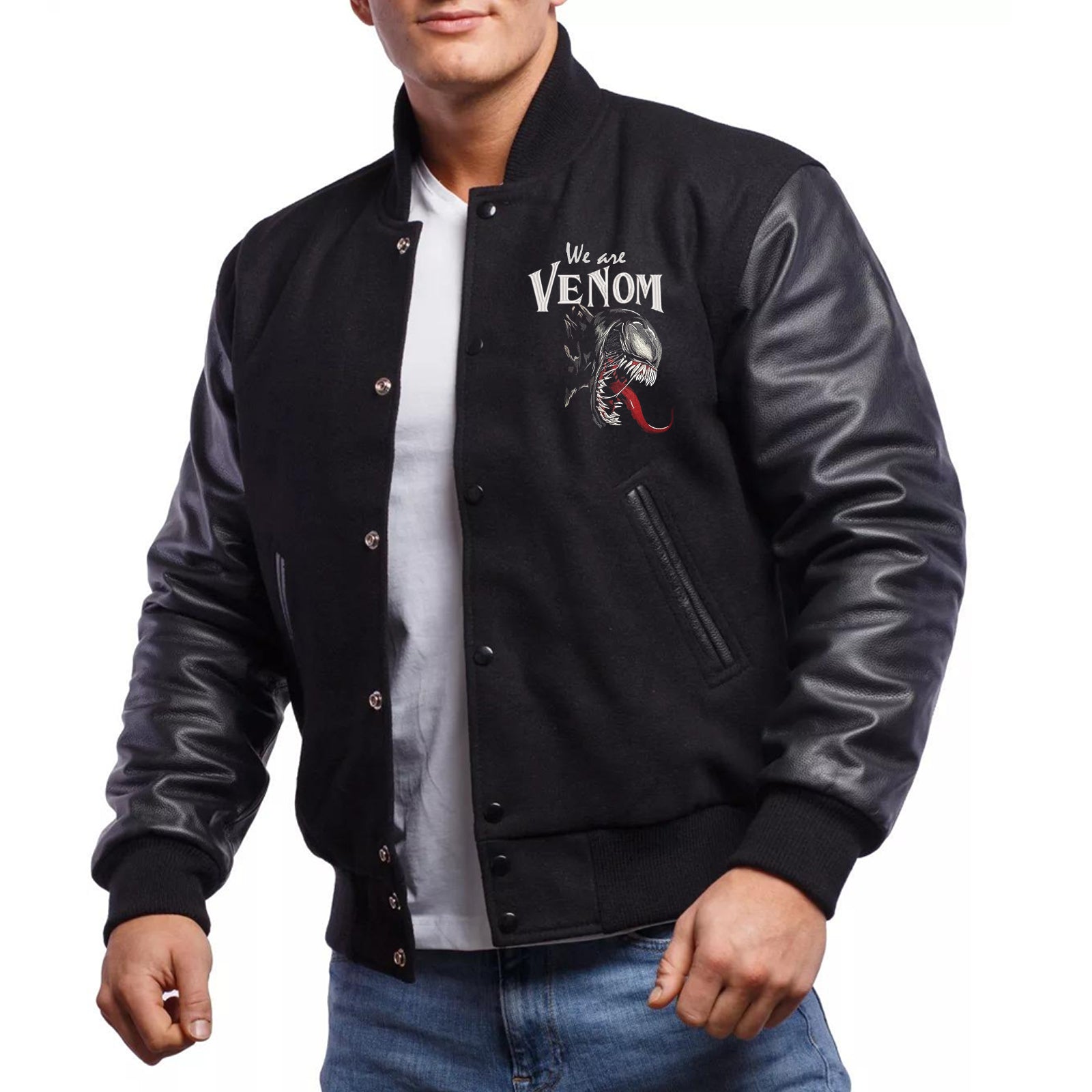 Symbiote Varisty Jacket Alien Venom Design Embroidery Jacket Venom Symbiote Black Varisty Jacket Venom Style Halloween Costume
